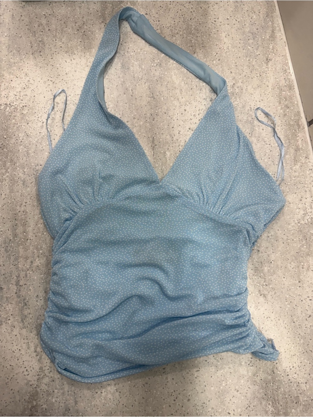 Zara printed tulle top Light Blue white polka dots Halter V-Neck Ruched Tank Top - Picture 3 of 4